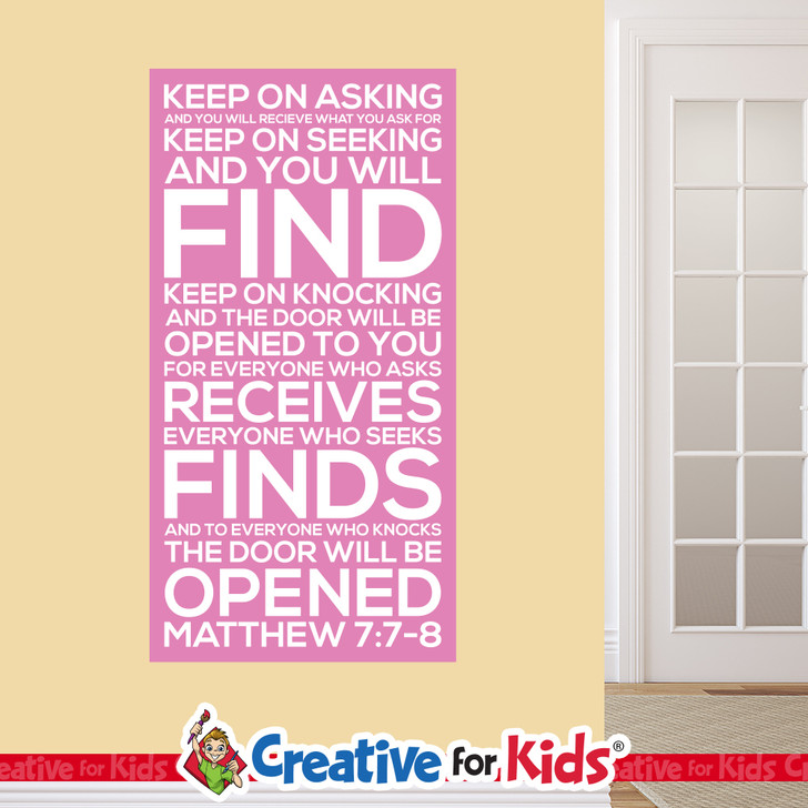 Bible verse wall decor Matthew 7:7–8 ask seek knock teaching poster for kids ministry room
