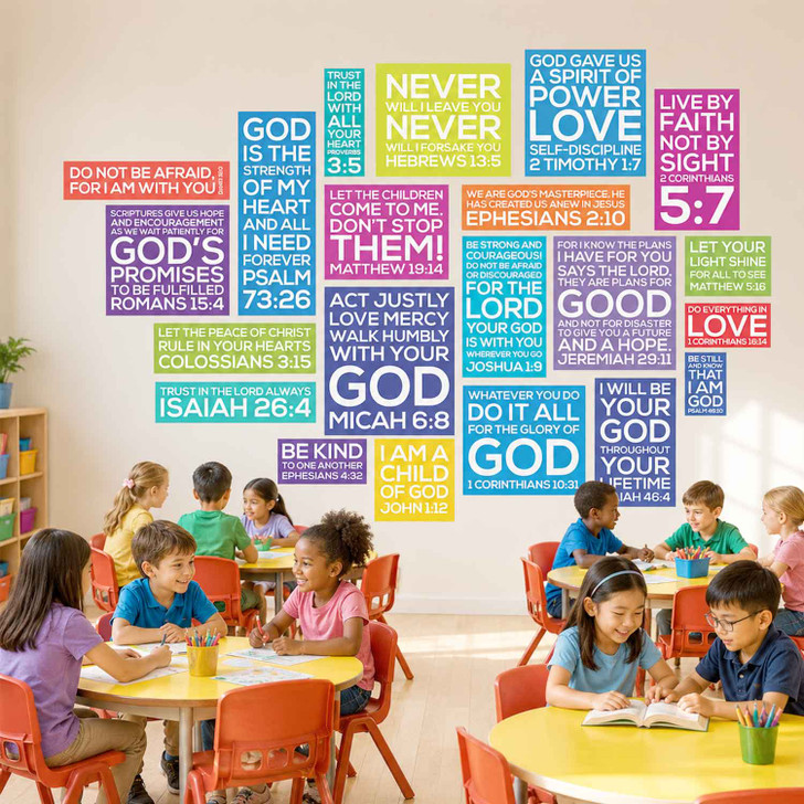 Children learning scripture memory wall decals in classroom setting