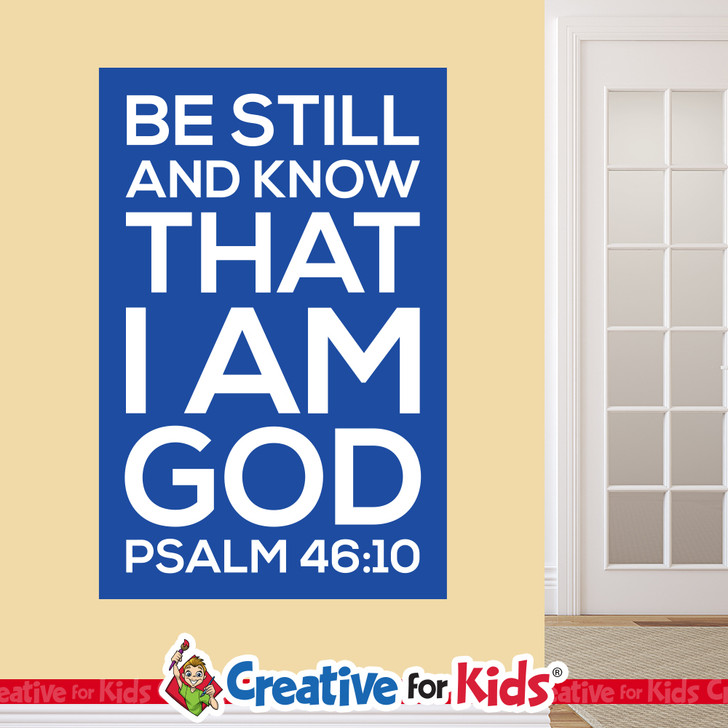 Blue Scripture Memory Wall Decal displaying Psalm 46:10 for children's ministry classrooms.