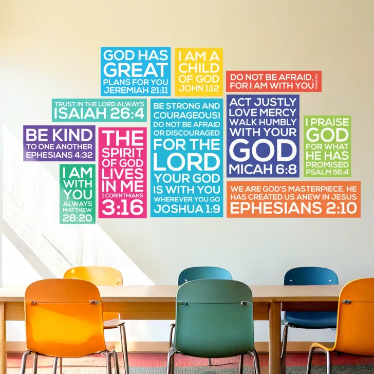 Example classroom featuring a coordinated Scripture Memory Wall Display grouping with colorful Bible verse wall decals.