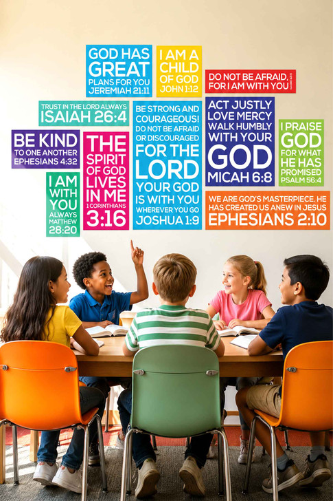 Elementary students learning beneath a Scripture Memory Wall Decal grouping in a Christian classroom.
