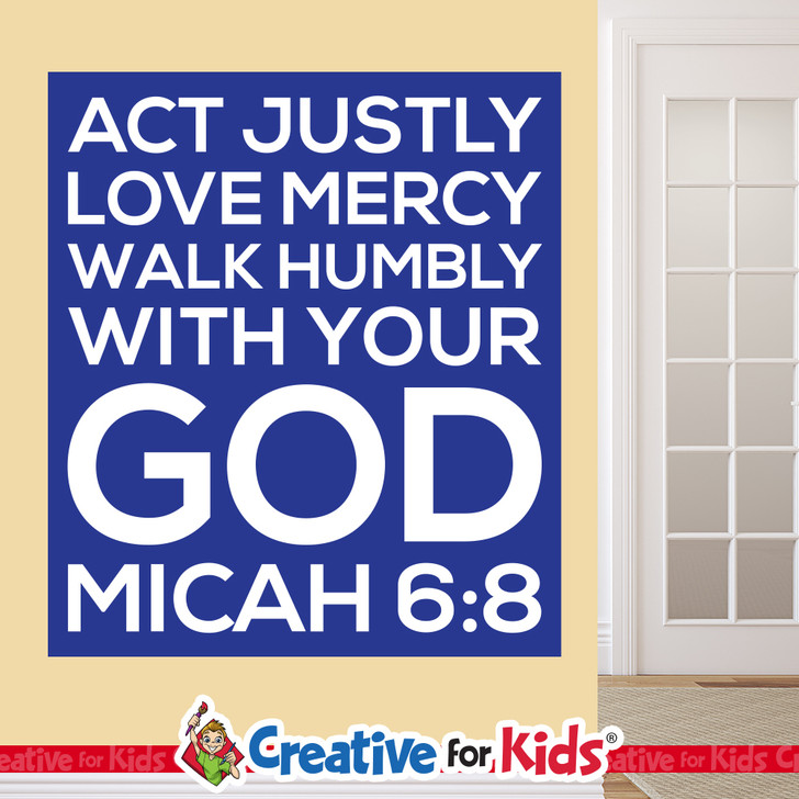 Blue Scripture Memory Wall Decal featuring Micah 6:8 for children's classrooms.
