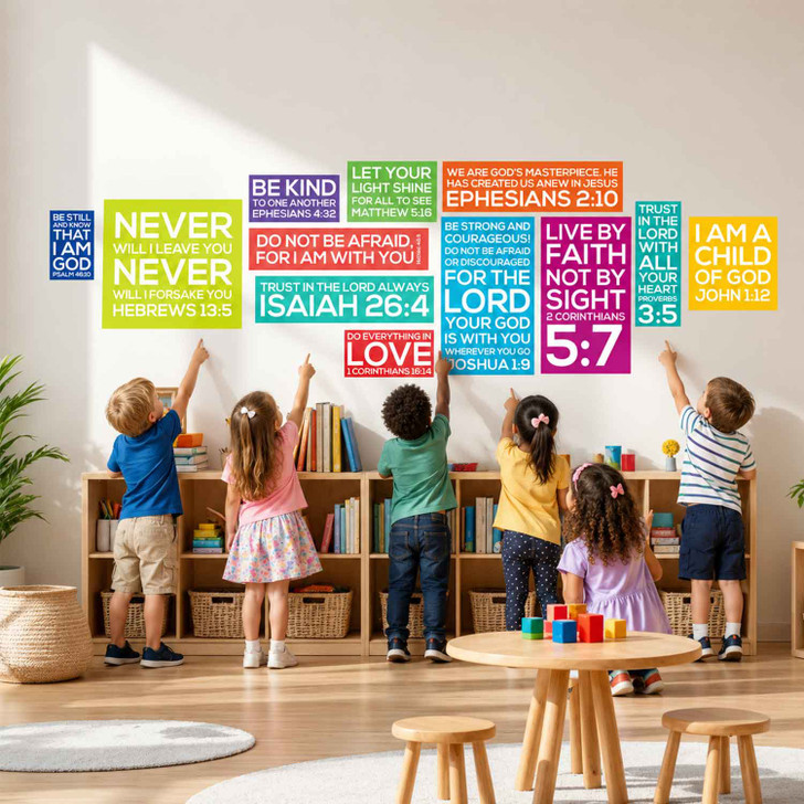 Kids interacting with Bible verse wall decal grouping in Preschool classroom