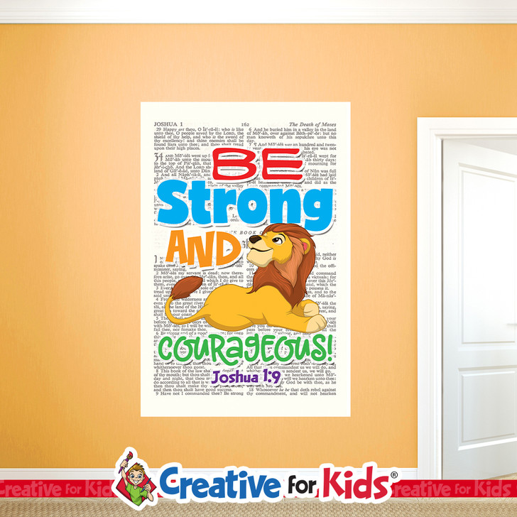 Be Strong And Courageous Bible Verse Scripture Wall Decal a fun and effective way to teach Bible Verses to kids and hide the word in their hearts. Creative For Kids wall decals perfect for your Sunday School, kids church, or Children's Ministry hallways.