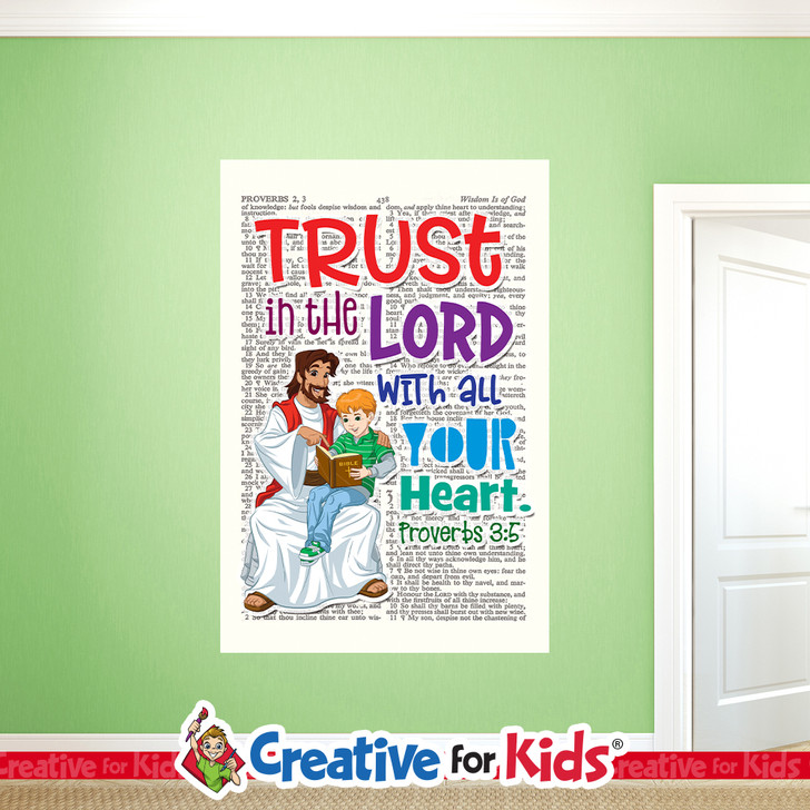 Trust In The Lord Bible Verse Boy Scripture Wall Decal a fun and effective way to teach Bible Verses to kids and hide the word in their hearts. Creative For Kids wall decals perfect for your Sunday School, kids church, or Children's Ministry hallways.