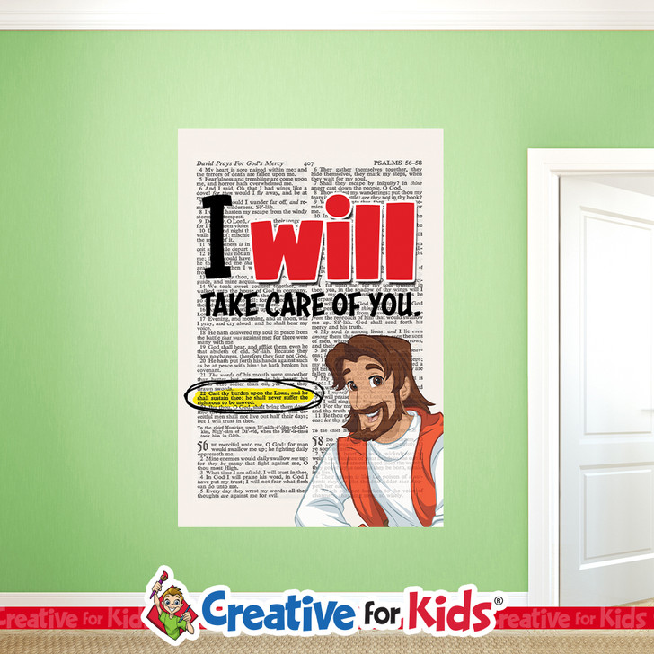 I Will Take Care Of You Bible Verse Scripture Wall Decal a fun and effective way to teach Bible Verses to kids and hide the word in their hearts. Creative For Kids wall decals perfect for your Sunday School, kids church, or Children's Ministry hallways.