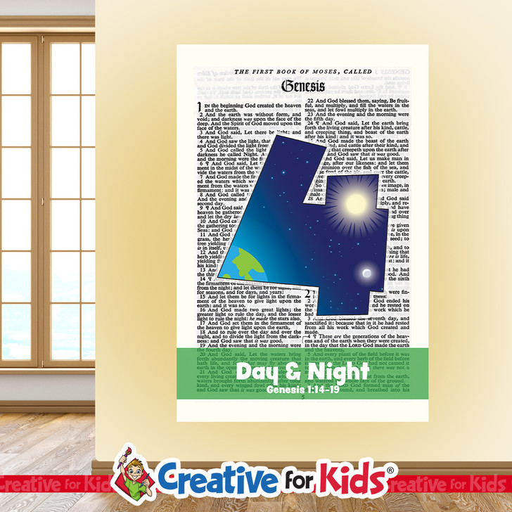 Creation Day And Night Day Four Scripture Page Wall Decal the Bible to life in your Sunday School class, kids church, or Children's Ministry hallways.