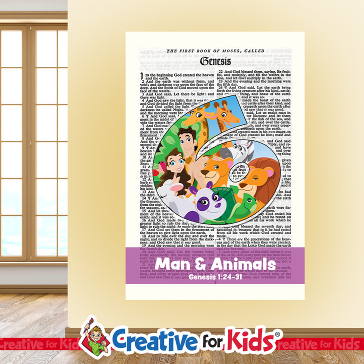 Creation Adam And Animals Day Six Scripture Page Wall Decal will bring the stories of the Bible to life on the walls of your Sunday School, kids church, or Children's Ministry hallways.