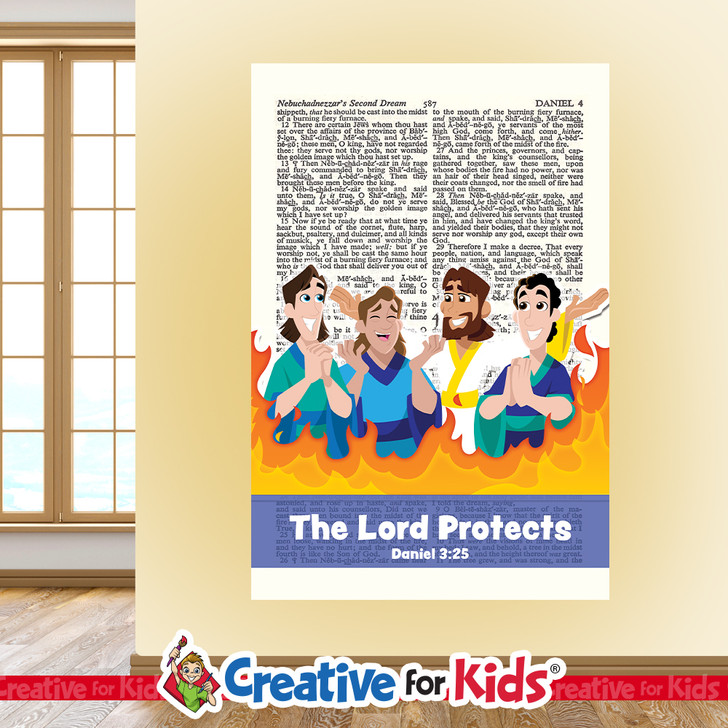 The Lord Protects From Firey Furnace Scripture Page Wall Decal reminds kids and families of amazing Bible heroes and stories on their way to their Sunday School classroom, in kids church, or Children's Ministry.