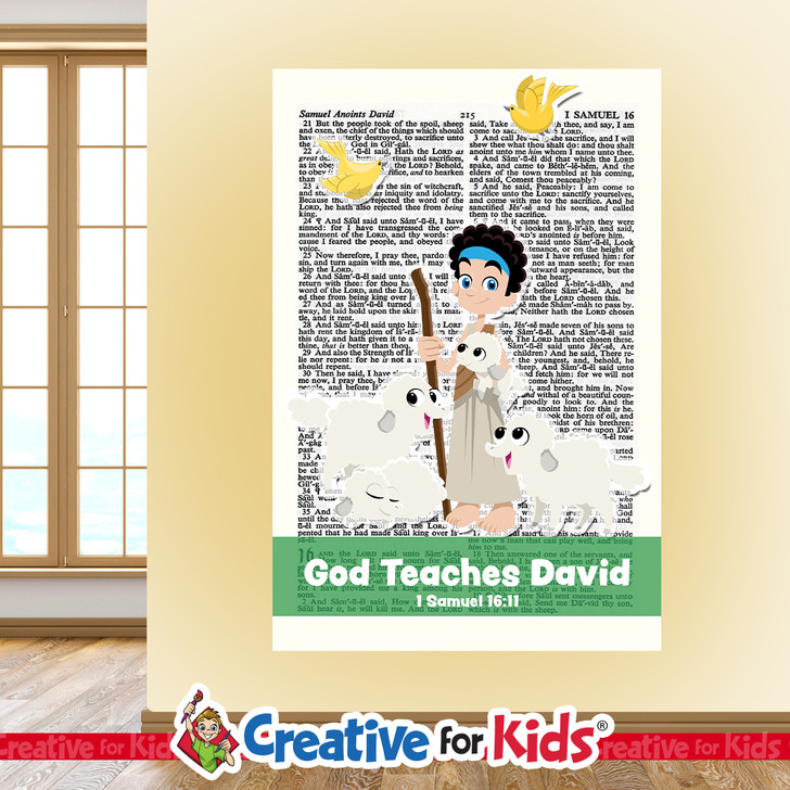 David The Shepherd Worships God Scripture Page Wall Decal reminds kids and families of amazing Bible heroes and stories on their way to their Sunday School classroom, in kids church, or Children's Ministry.