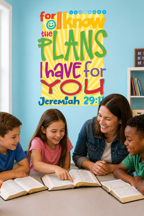 Kids Sunday school classroom wall decal featuring Jeremiah 29:11 colorful inspirational Bible verse teaching visual for children