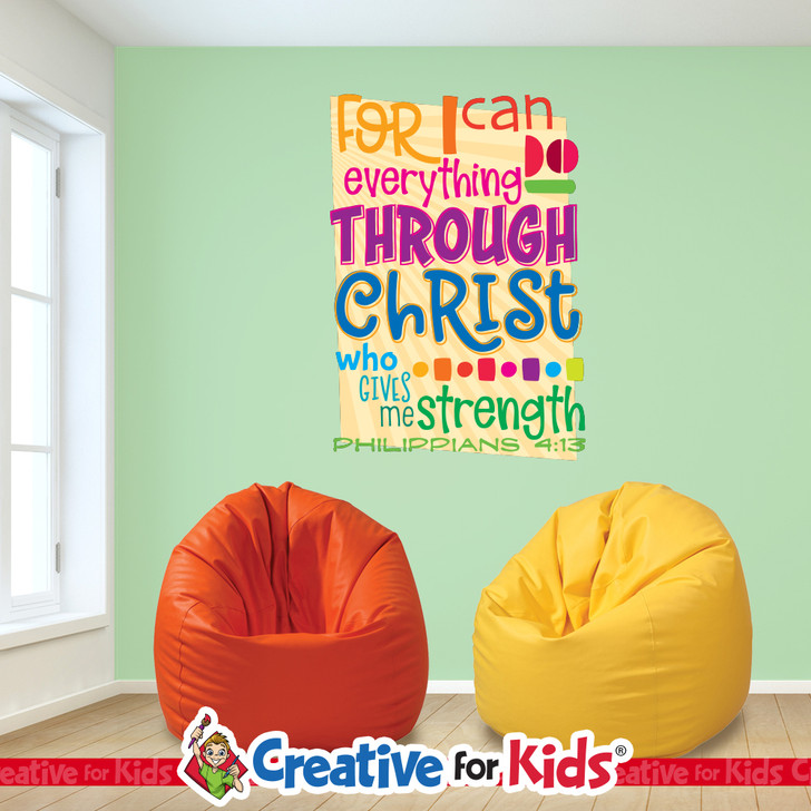 Bright Bible verse wall decal displaying Philippians 4:13 for Sunday school classrooms.