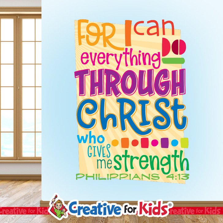 Christian classroom Scripture wall decal featuring Philippians 4:13 for children's ministry.