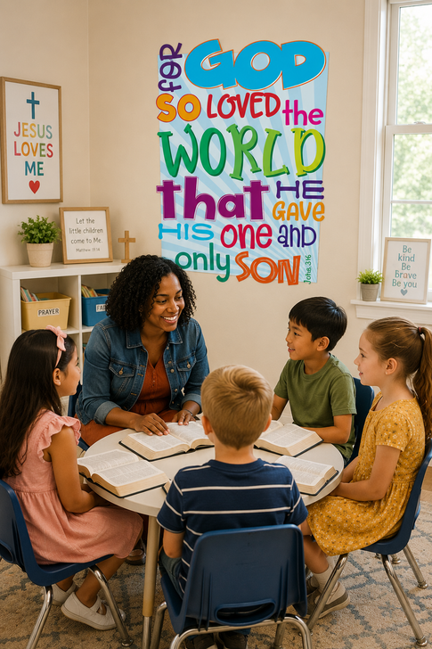 John 3:16 scripture wall decal displayed in a Sunday school classroom with teacher and children reading the Bible together.