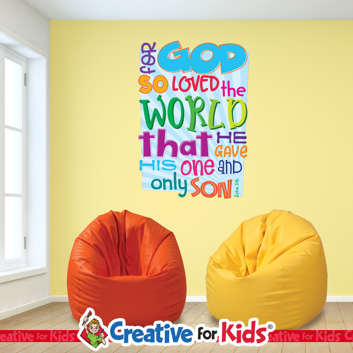 God So Loved The World Bible Verse Wall Decal offers a budget friendly Biblically focused way to decorate your Sunday School classroom, kids church, or Children's Ministry hallways.