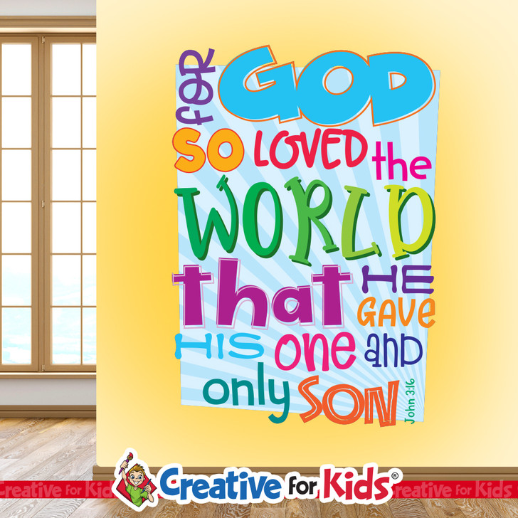 God So Loved The World Bible Verse Wall Decal Bible verse wall decals support scripture memorization and are perfect for Sunday School wall art, Kids Church, or Children’s Ministry faith-building décor.