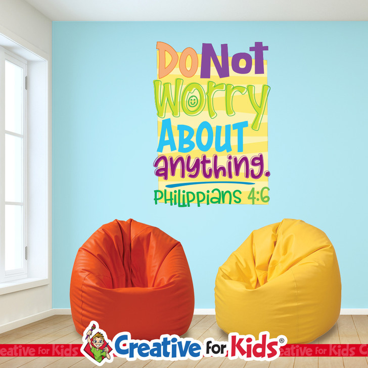 Bright Bible verse wall decal displaying Philippians 4:6 for Sunday school classrooms.