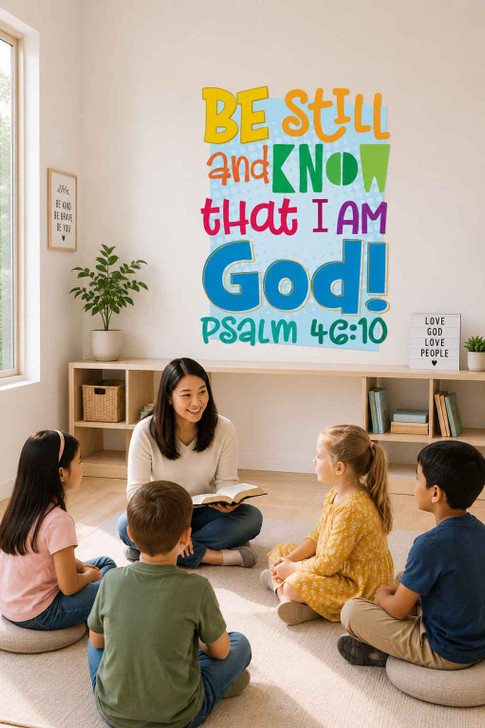 Psalm 46:10 scripture wall decal displayed in a Christian classroom with teacher leading children during a Bible lesson.