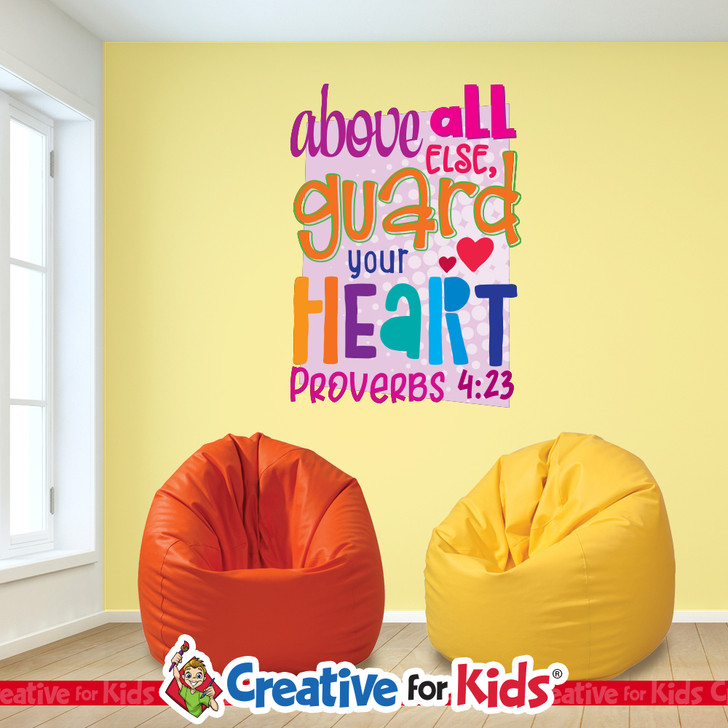 Bright Bible verse wall decal displaying Proverbs 4:23 for Sunday school classrooms.