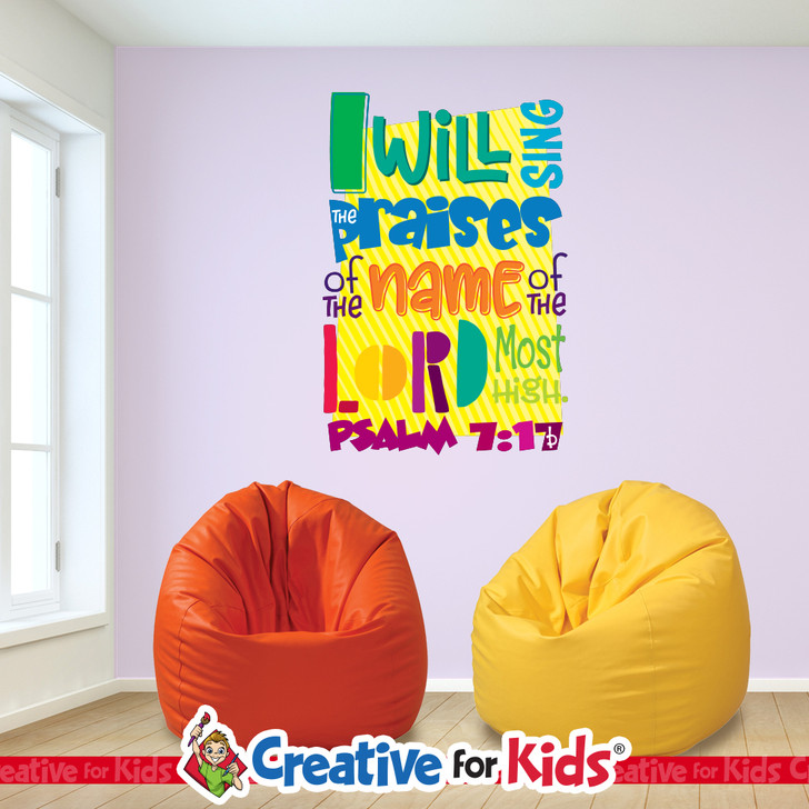 Bright Bible verse wall decal displaying Psalm 7:17 for Sunday school classrooms.