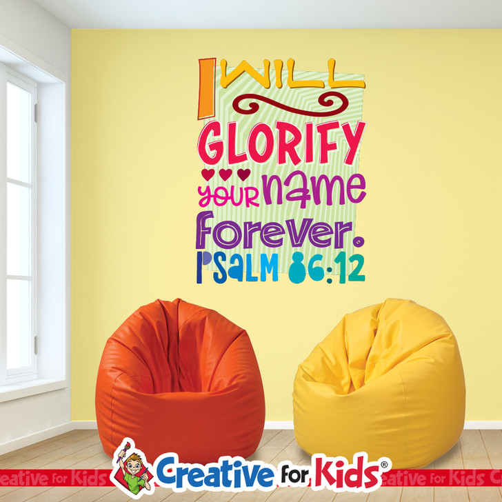 Bright Bible verse wall decal displaying Psalm 86:12 for Sunday school classrooms.