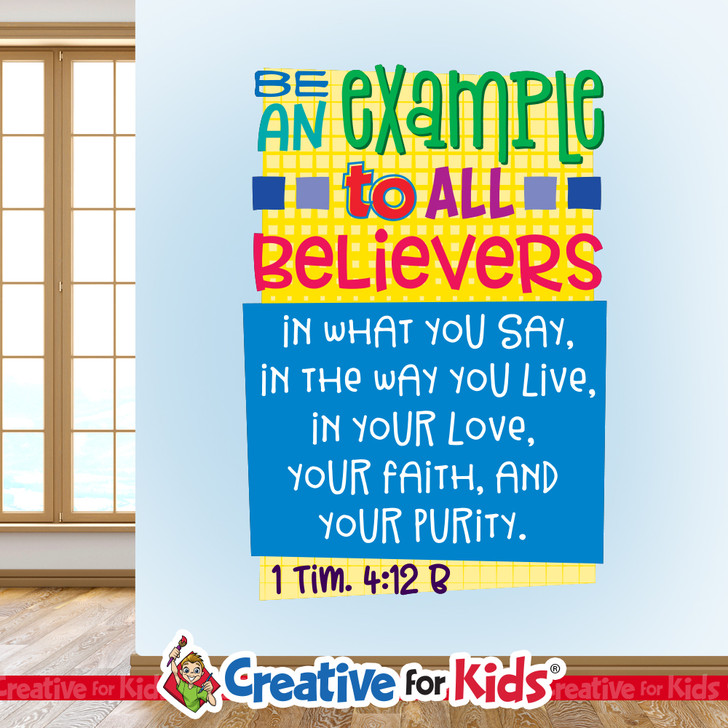 Be An Example To All Believers Bible Verse Wall Decal offers a budget friendly Biblically focused way to decorate your Sunday School classroom, kids church, or Children's Ministry hallways.