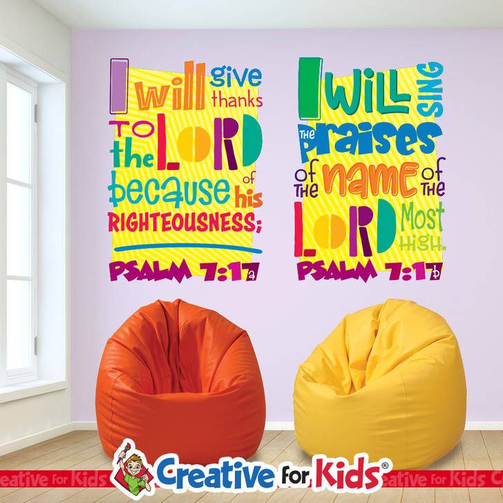 Christian classroom wall decal set featuring two Psalm 7:17 worship Scriptures.