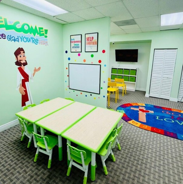 Jesus classroom wall decal with welcome message in Sunday school learning space.