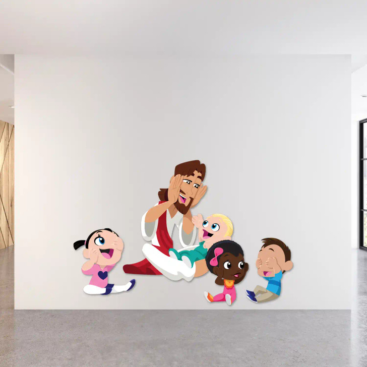 Cartoon style Jesus holding a baby, Christian nursery wall decal design.