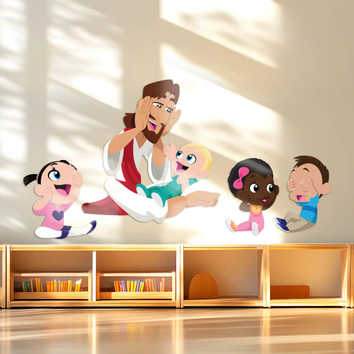 Church nursery wall mural featuring Jesus with diverse children in outdoor scene.