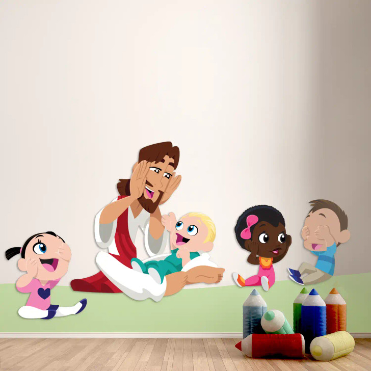 Sunday school classroom wall design featuring Jesus and children with Faith Babies lettering.