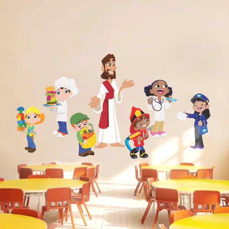 Follow Jesus Wall Decal – colorful, faith-based kids wall art for Sunday School, kids church, or Children's Ministry. Reminds children that Jesus loves them as they head to class. Easy to install and perfect for classrooms, hallways, and church entry areas.