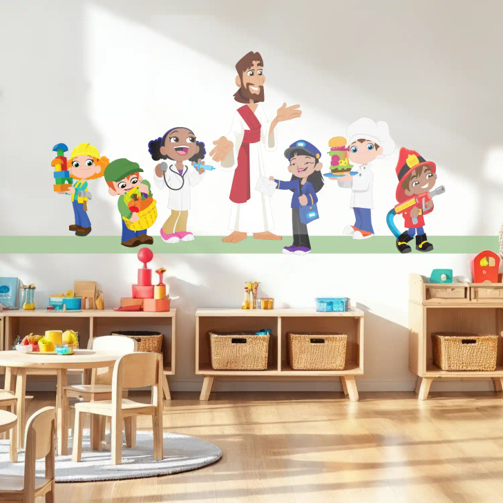 Follow Jesus Wall Decal – colorful, faith-based kids wall art for Sunday School, kids church, or Children's Ministry. Reminds children that Jesus loves them as they head to class. Easy to install and perfect for classrooms, hallways, and church entry areas.