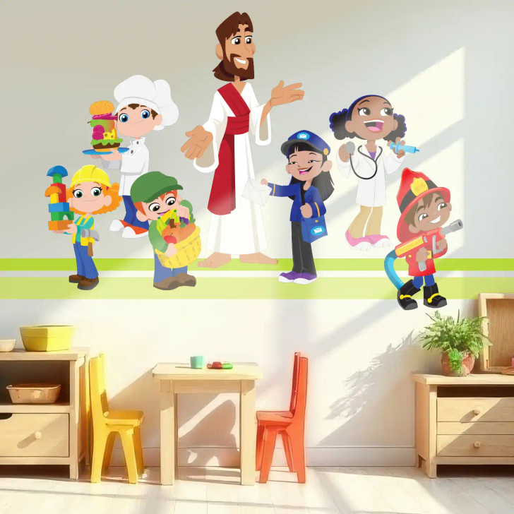 Follow Jesus Wall Decal – colorful, faith-based kids wall art for Sunday School, kids church, or Children's Ministry. Reminds children that Jesus loves them as they head to class. Easy to install and perfect for classrooms, hallways, and church entry areas.