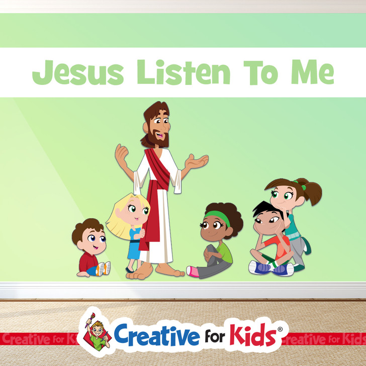 Jesus Listen To Me Follow Jesus PreK Bible Story Wall Decal reminds kids and families how much Jesus loves them on their way to their Sunday School classroom, in kids church, or Children's Ministry.