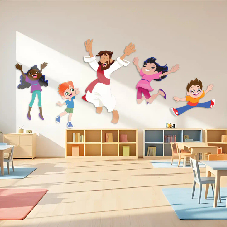 Jesus Rejoice With Me Bible Story Wall Decal Grouping is perfect for nursery wall art, preschool remodels, Sunday school decor, or children's church classrooms. Brighten any kids' space with this design!