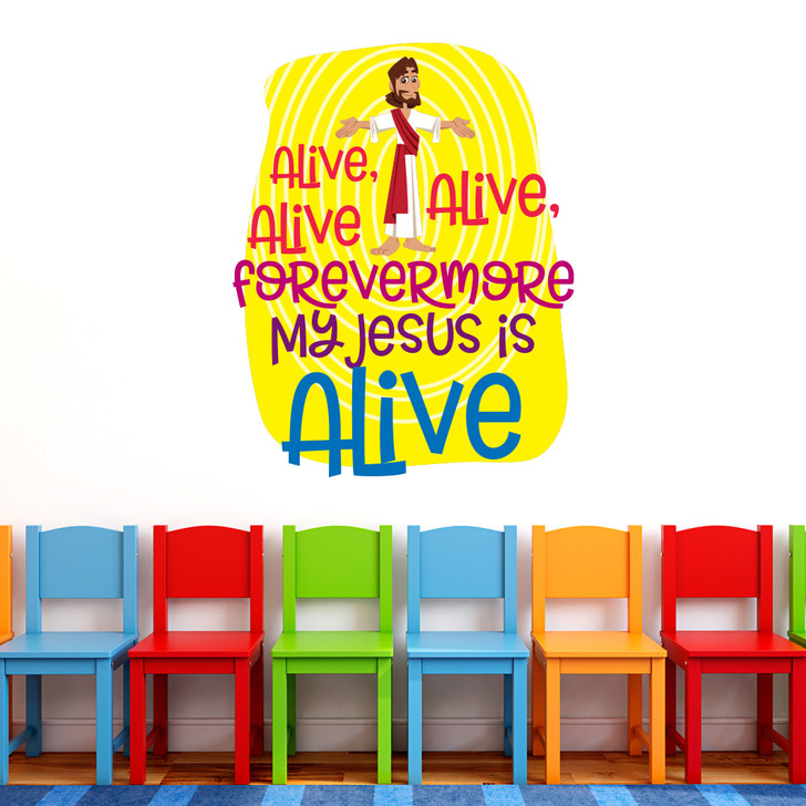 "Alive, Alive, Alive Forever More" Bible Verse Wall Decal offers an easy to install D.I.Y alternative to decorating your Nursery, Preschool, Sunday School classroom, or Children's Ministry hallway.