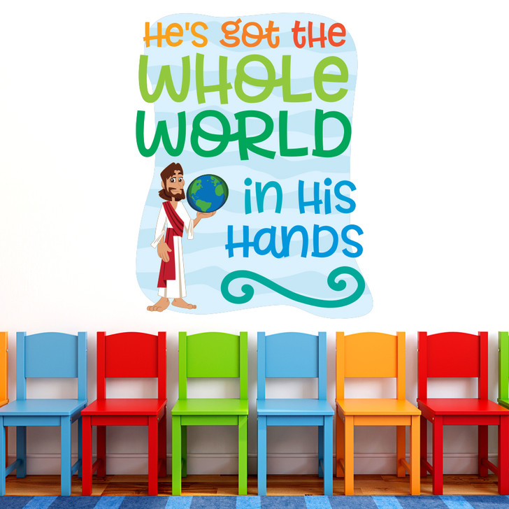 He's Got The Whole World In His Hands Bible Verse Wall Decal offers an easy to install D.I.Y alternative to decorating your Nursery, PreK, Preschool, Sunday School classroom, or Children's Ministry hallway.