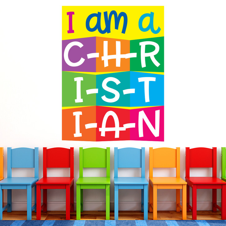 I Am A C-H-R-I-S-T-I-A-N Bible Verse Wall Decal offers an easy to install D.I.Y alternative to decorating your Nursery, PreK, Preschool, Sunday School classroom, or Children's Ministry hallway.