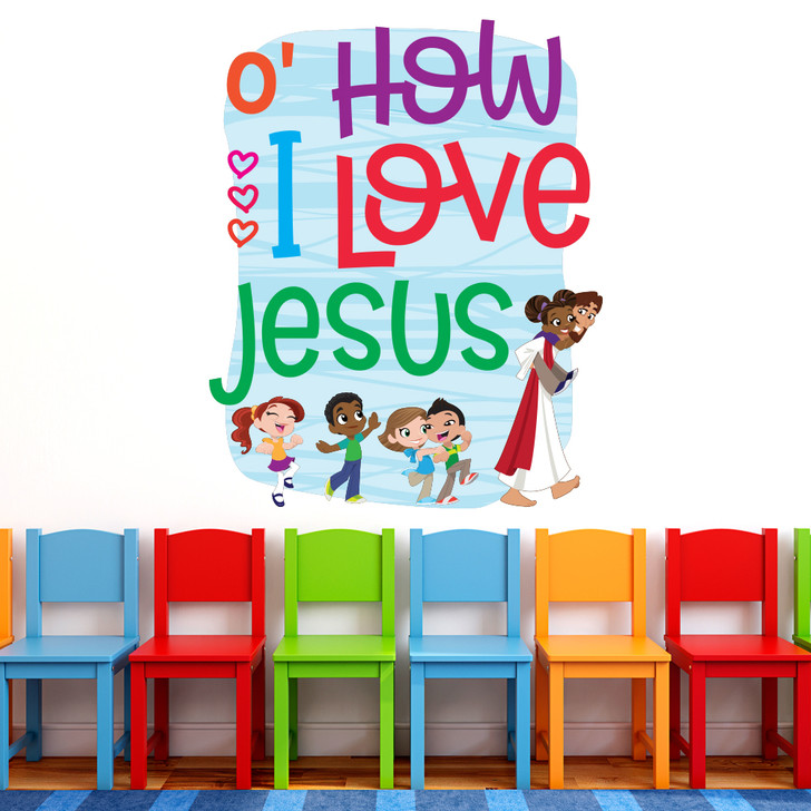 O' How I Love Jesus Preschool Wall Decal is a delightful way to welcome Preschoolers and families to your Nursery