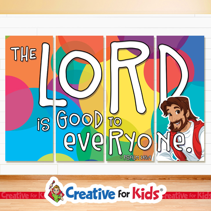 The Lord Is Good To Everyone Collage Banner Set encourages kids to spend time with Jesus as they walk down the children’s ministry hallway,in their Sunday School classroom, or in kids church. All vinyl banners include the option of grommets or no grommets.