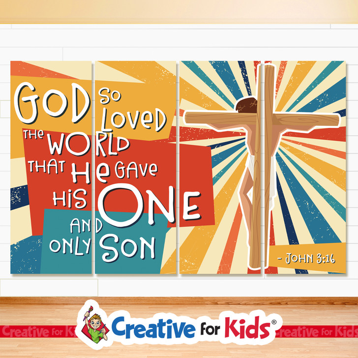God So Loved The World Collage Banner Set, John 3 16, offers an easy to install, cost effective, D.I.Y alternative to decorating any Nursery, PreK, Sunday School, Registration area or Children's Ministry hallway. All vinyl banners include the option of grommets or no grommets.