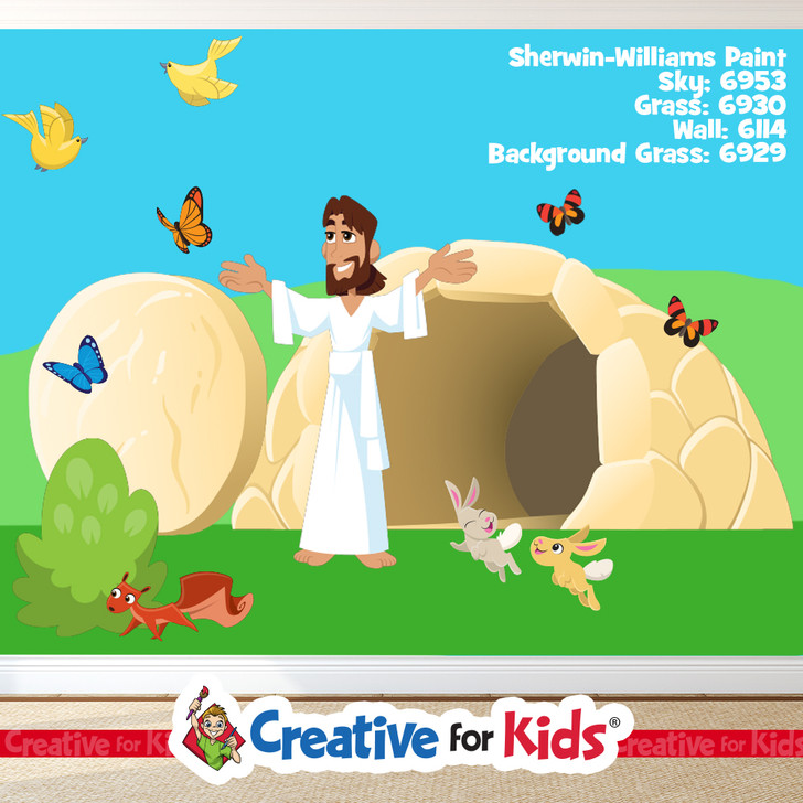 Jesus Is Risen Easter Wall Decal Groupings are easy to install and make a great Bible Story Scene for your Kids Church, Sunday School or Children's Ministry.