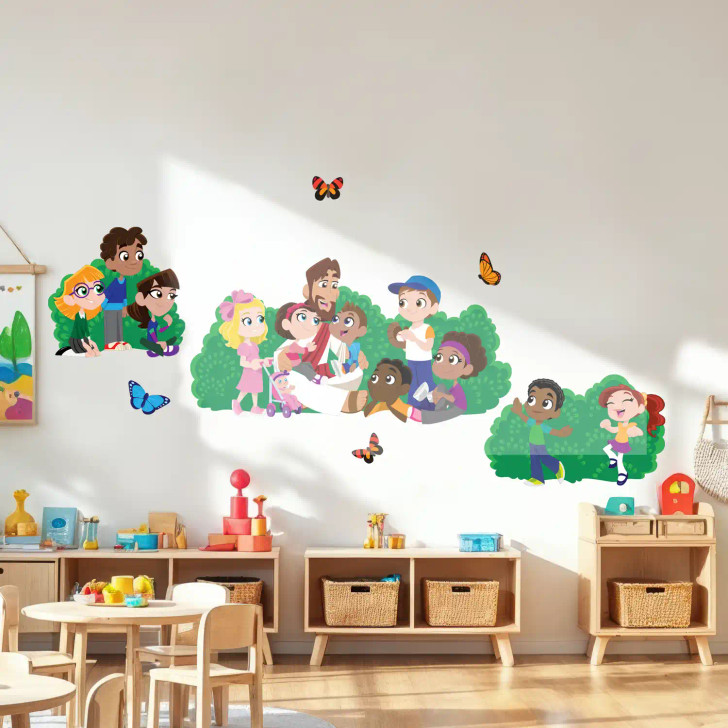 Christian classroom wall decor featuring Jesus with children vinyl wall decals.