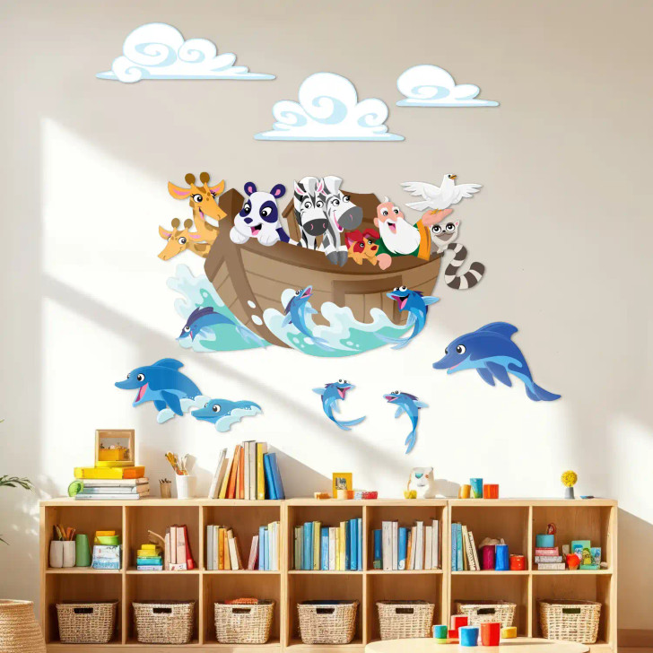 Bible wall decals for kids featuring Noahs Ark scene in classroom.