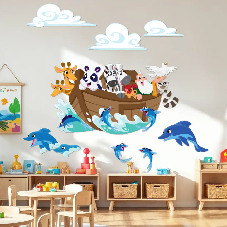 Christian classroom wall decor showing Noahs Ark vinyl wall decals.