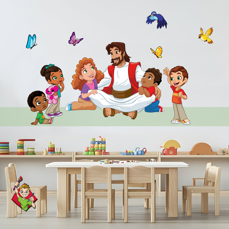 Jesus Sitting With Kids Wall Decal Grouping is perfect for nursery wall art, preschool remodels, Sunday school decor, or children's church classrooms. Brighten any kids' space with this design!