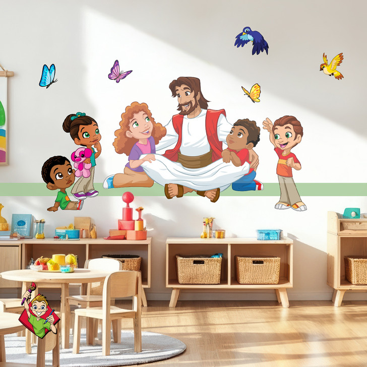 Jesus Sitting With Kids Wall Decal Grouping is perfect for nursery wall art, preschool remodels, Sunday school decor, or children's church classrooms. Brighten any kids' space with this design!