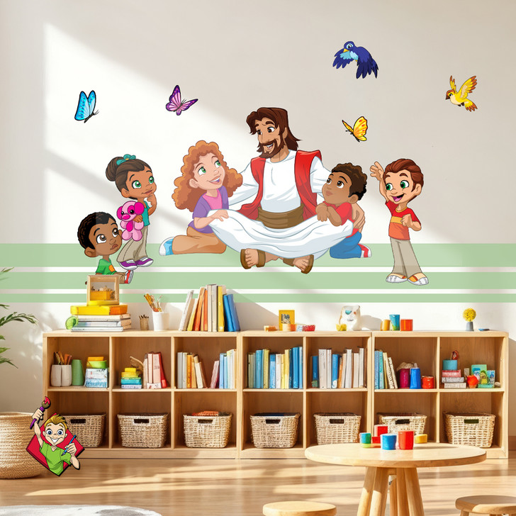 Jesus Sitting With Kids Wall Decal Grouping is perfect for nursery wall art, preschool remodels, Sunday school decor, or children's church classrooms. Brighten any kids' space with this design!