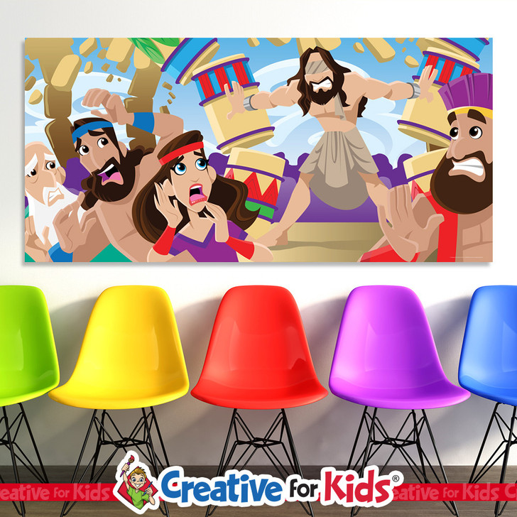 This Samson Pushing Columns Bible Story Wall Decal is a great way to display God's amazing Bible stories in your kids church.